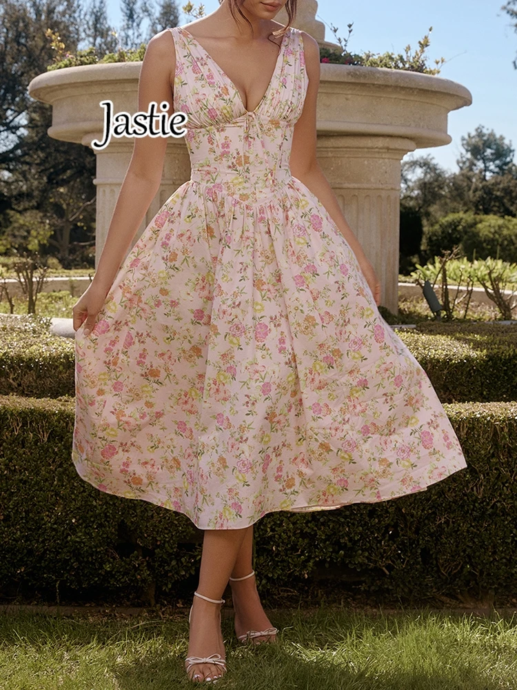 Jastie Deep V Neck Women Sexy Dresses 2024 Fashion Summer Sleeveless Floral Print Pink Party Long Dress Boho Casual Beach Dress