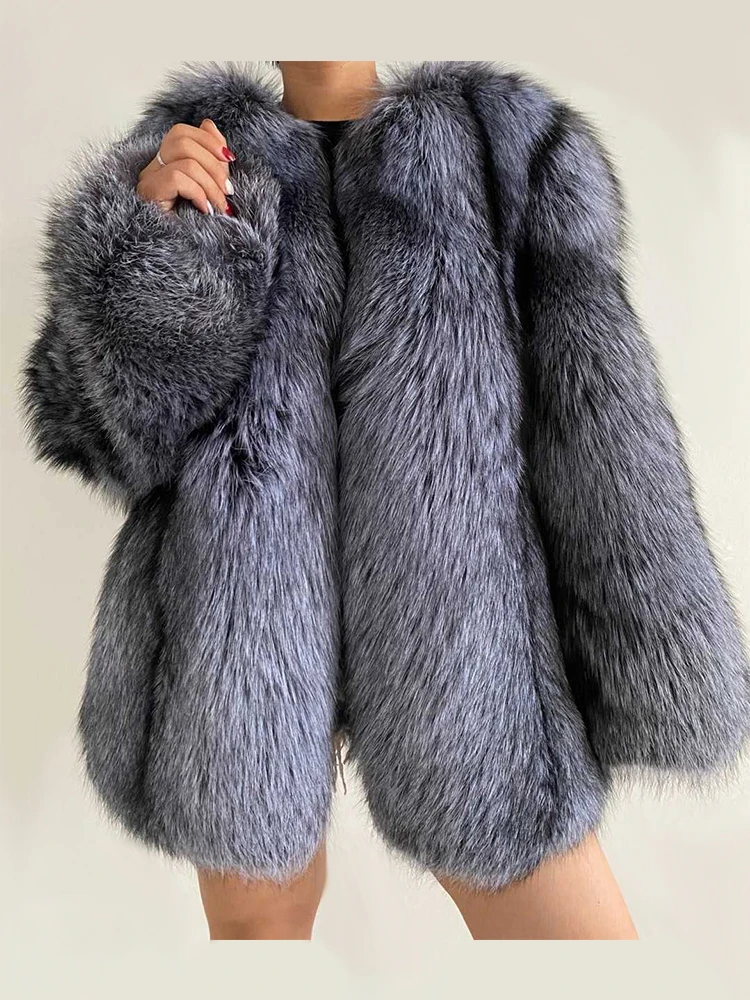 

Winter Ladies Natural Silver Fox Fur Coats With Thick Fur Luxury Long Overcoats Full Pelt Genuine Fox Fur Warm Coat Women