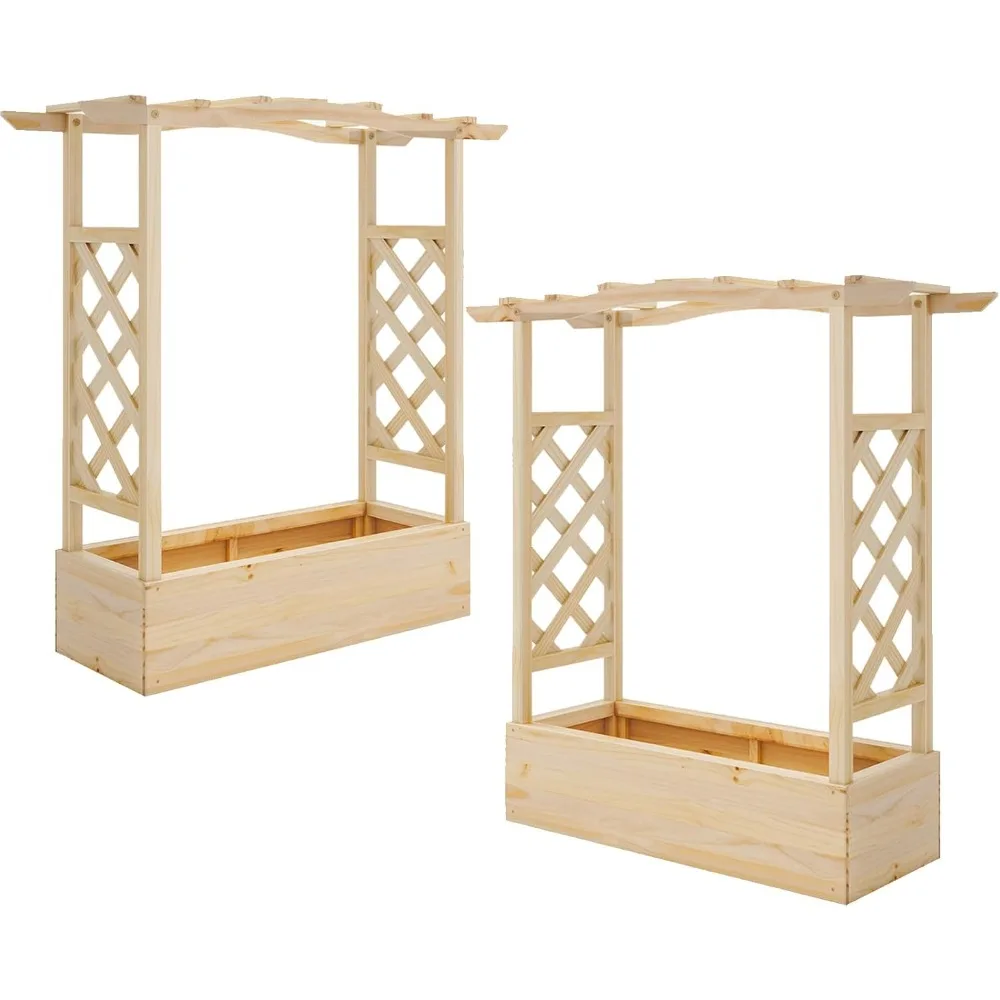 Set of 2 Raised Garden Bed with Sided Trellis & Hanging Roof, Wood Planter Box, Freestanding Garden Planter Raised Bed