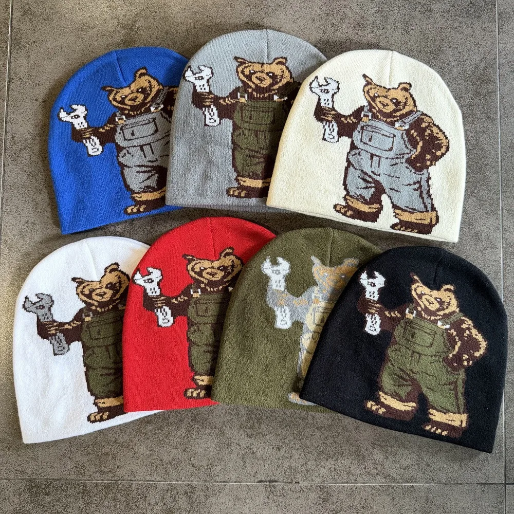 American Style Streetwear Cartoon Little Bear Casual Hat Winter Graphic Print Skullcap 100%Cotton Retro Skullcap Unisex