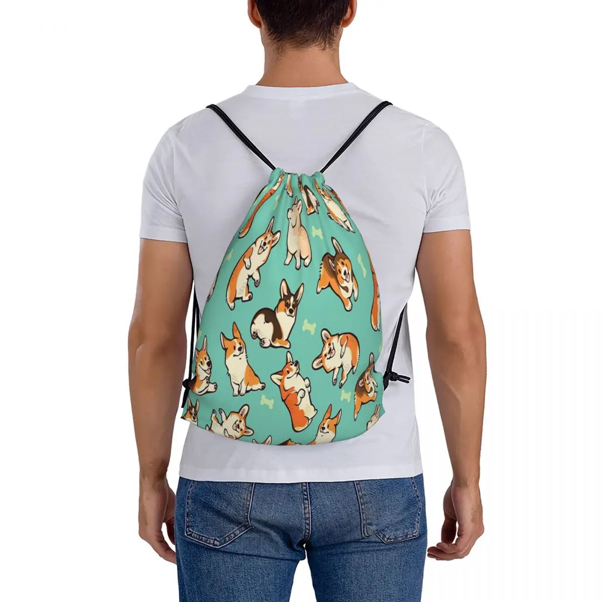 Jolly Corgis In Green Backpacks Portable Drawstring Bags Drawstring Bundle Pocket Sundries Bag Book Bags For Travel Students