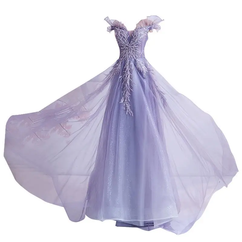 Vestido europeu e americano 2025 primavera/verão novo estilo elegante vestido de noiva brinde banquete anfitrião com decote em v vestido de noite