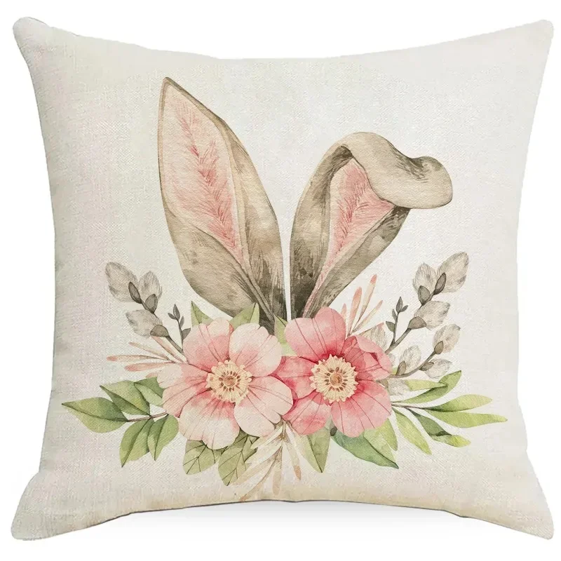 45*45cm Easter Pillowcase Throw Pillow Covers Bunny Print Cushion Cover Sofa Decorations Pink Linen Pillow Case Home Pillowslip image 2