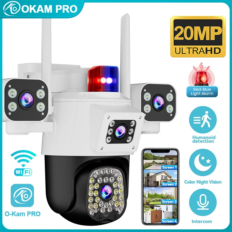 

OKAM PRO APP HD 20MP 4 Lens WiFi Camera 4 Screen PTZ 5X ZOOM Outdoor Waterproof Light Alarm Ai Mobile Tracking Security Camera