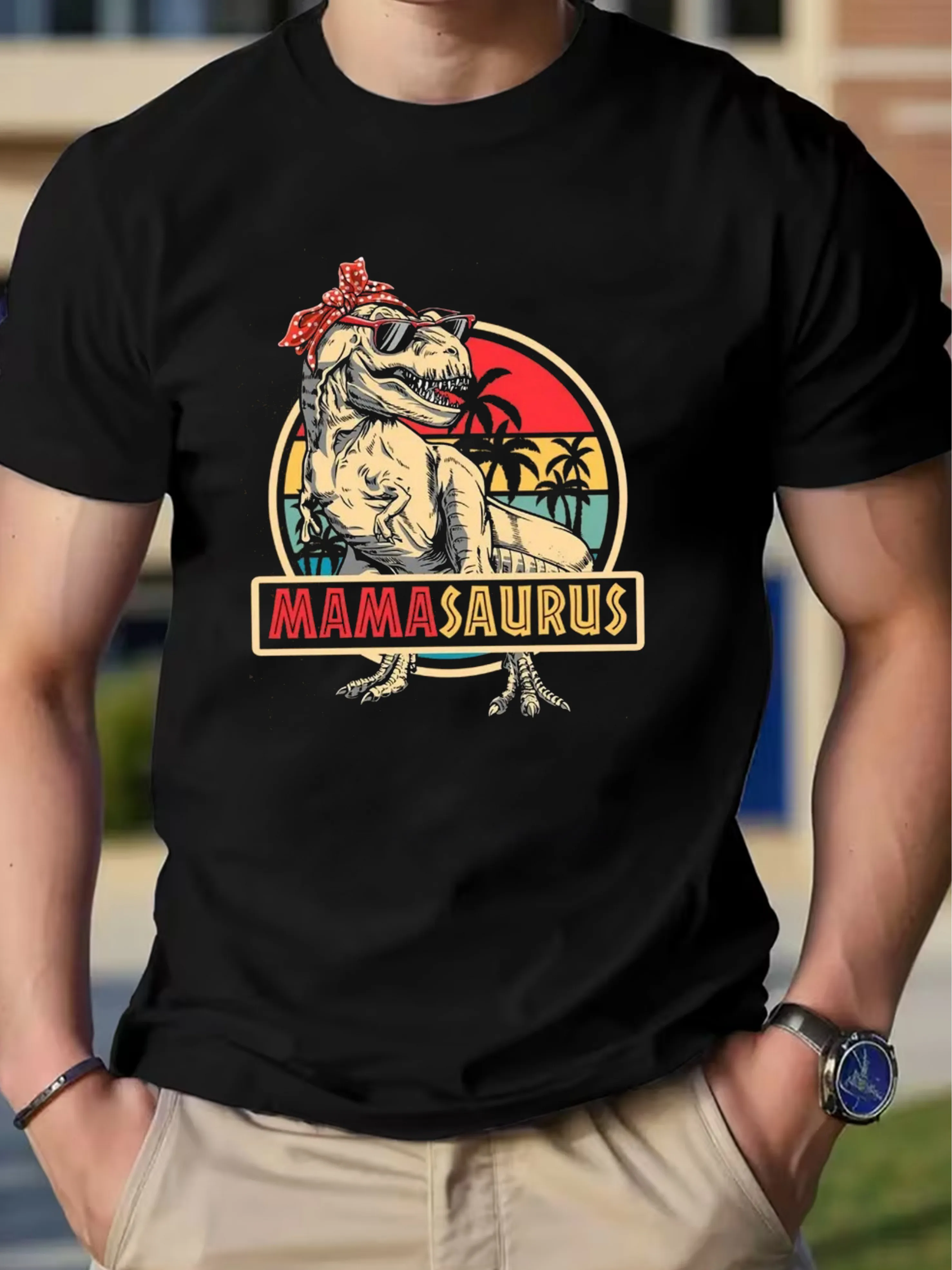 Men'S T-Shirt - Mama Dinosaur Graphic Print, Regular Fit Short Sleeve Crew Neck Top, Summer Casual Party Outfit,