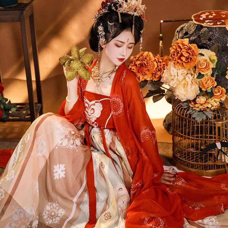 YF91  Hanfu Female Chinese Style Ancient Dress Tang Style Red Chests Chebule Skirt Embroidery Super Fairy Big Sleeve Shirt