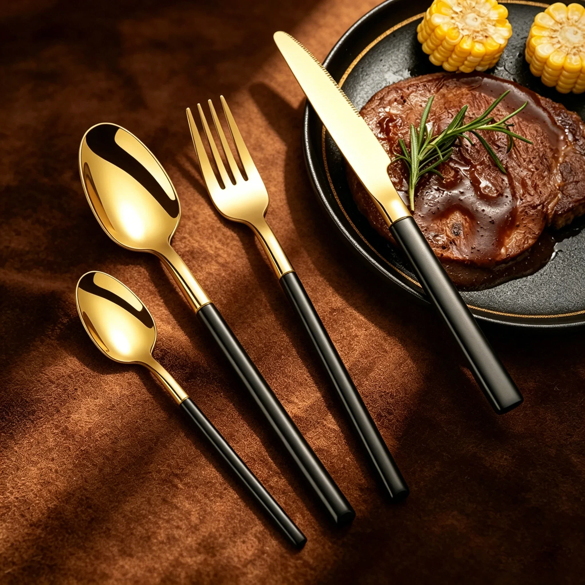 Cutlery Set 4Pcs Gold Black 304 Stainless Steel Flatware Knight Design Silverware Spoon Fork Knife for Wedding Home Dining
