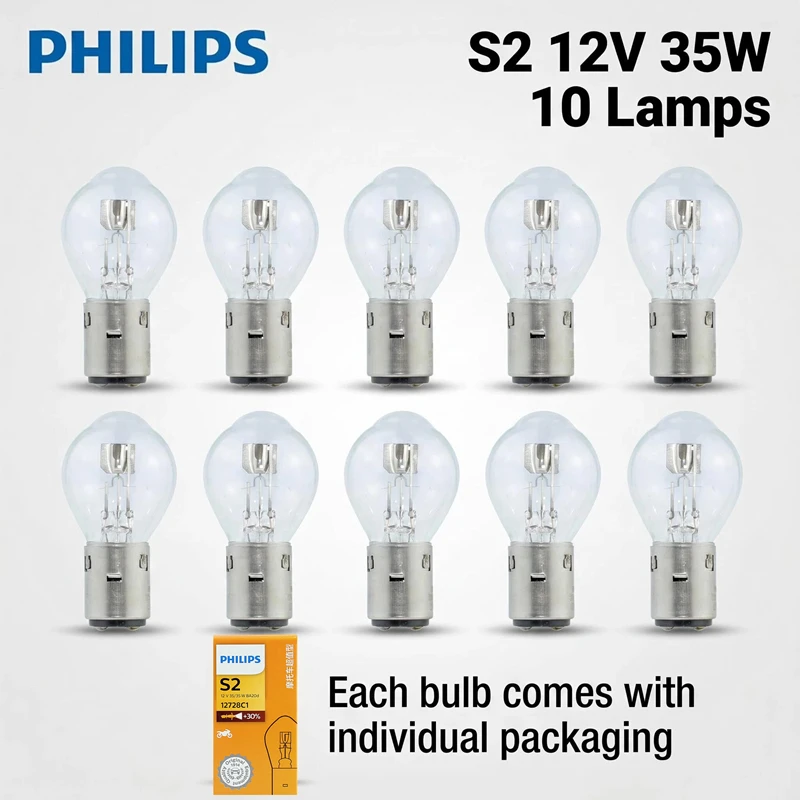 Philips 10 Lamps S2 12V 35/35W BA20d +30% Bright Motor Original Light Motorcycle Halogen Lamp Standard High Low Beam 12728C1