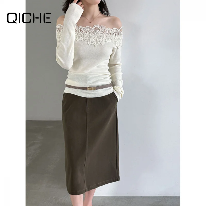 QICHE 2026 Women Velvet Faux Leather High Waist Straight Midi Skirt, Slim Commuter Versatile Fall Skirt