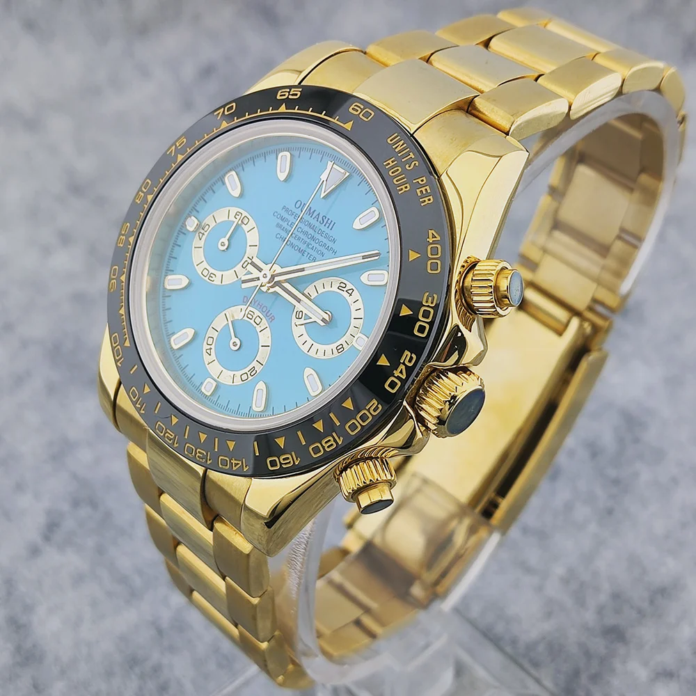 الأعمال 39 مللي متر ساعة كوارتز رجالية كرونوغراف الياقوت كريستال VK63 حركة العربية مضيئة الهاتفي الفولاذ المقاوم للصدأ ساعة رجالي