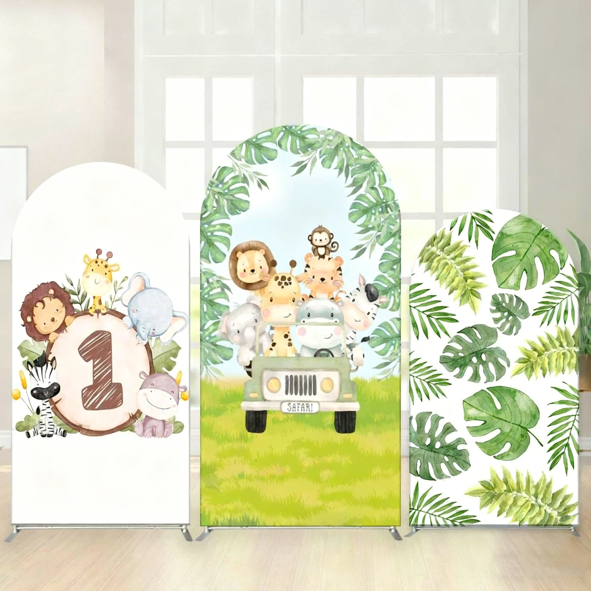 

LS Custom Chiara Arch 2-sided Backdrop Wild Animals Baby Three Rex Birthday Party Background Green Forest Volcano Photobooth