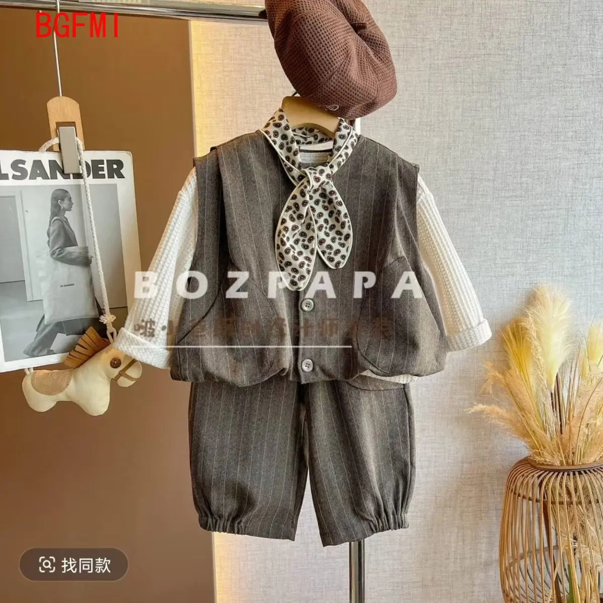 New Spring Autumn 2026 Boys Korean Dark Brown Striped Large Pocket Vest +Long Sleeved T-shirt+ Pants+ Scarf Fashion 4 Pcs Set