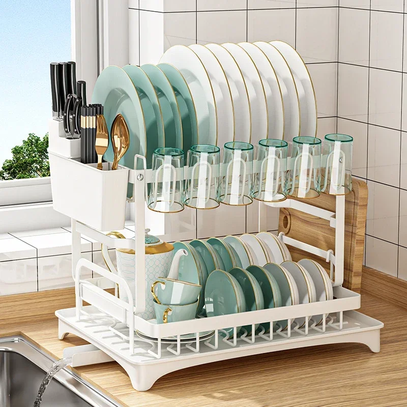 

Storage Kitchen 2023 With Cage Bowl Basket Rack Box Household Dish Organizer New Draining Double-layer Chopstick Tray Tableware