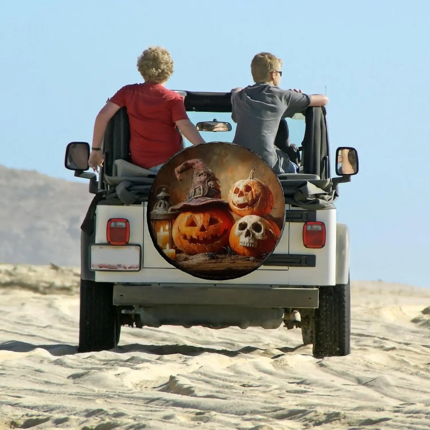 

Camper Spare Tire Cover Pumpkins with Witch Hat and Skull Waterproof Sun Protection Happy Halloween Holiday Tire Cover