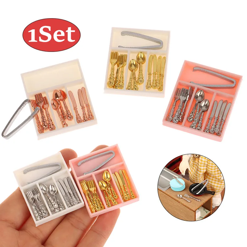 

1Set 1:12 Dollhouse Mini Knife Fork Spoon Clips Tableware With Storage Box Dollhouse Kitchen Supplies Utensils Decor Accessories