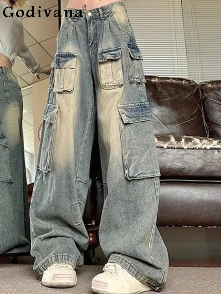 

Women Autumn Large Size 2XL-6XL American High Street Wide Leg Jeans Retro Blue Loose Fashion Versatile Korean Straight Pants