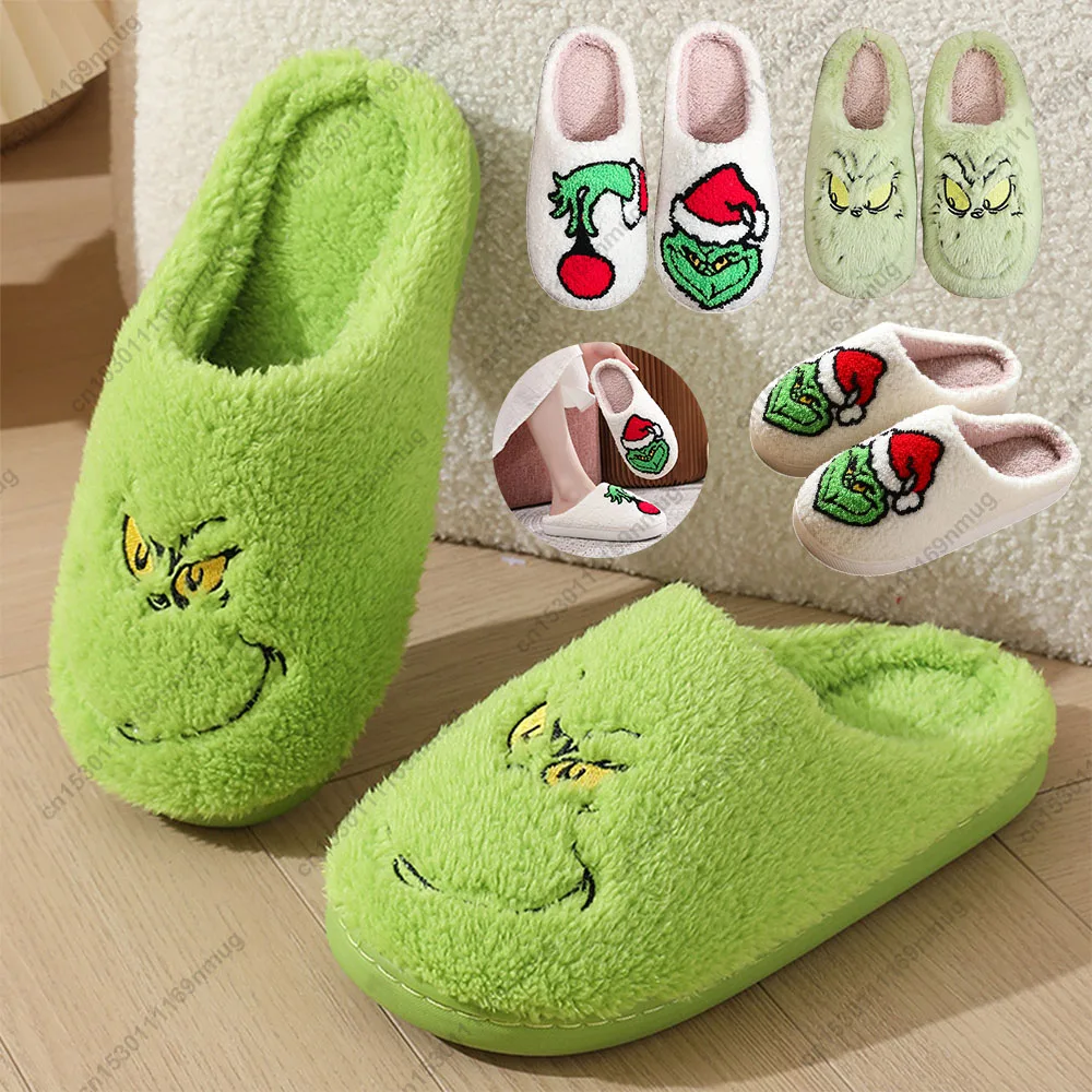 For Grinch Plush Slippers Fluffy Home Slippers Comfortable Furry Green Monster Slippers Cute Monster Slippers for Indoor Bedroom