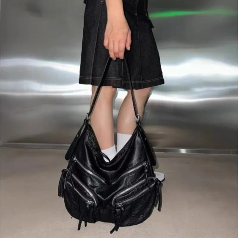 

JIAERDI Harajuku Vintage Black Leather Spacious Tote Bag Women Hot Gril Biker Shoulder Bag Ladies Work Commuter Crossbody Purse