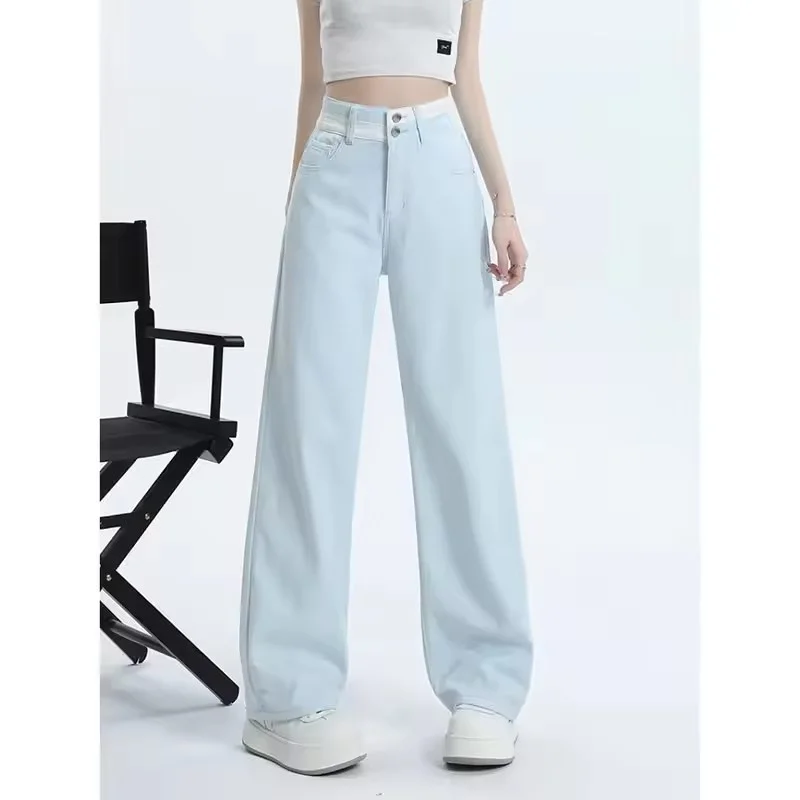 

2025 Spring Summer New Retro Stitching Contrast Jeans Women's High Waist Casual All-Match Wide-leg Denim Pants Ladies Trouser