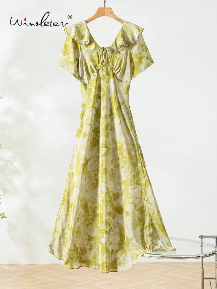 

Winsleter-Women 100%Real Silk Elegant Dress, Short Sleeve V Neck Print, French Vacation Ruffles Dresses, 2025 Summer D56447CC