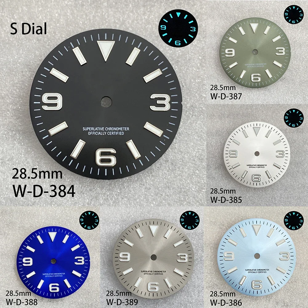 28.5mm S Logo Ex Plorer Dial Fit NH35/NH36 Japanese Movement Ice Blue Luminous Sunburst High-Quality Watch Modified Accessories