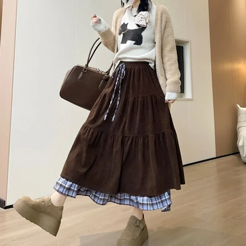 Corduroy Long Vintage Skirt Women Fashion Plaid Contrast Y2K Patchwork A-line Skirts Elegant Ruffles Drawstring High Waist Skirt