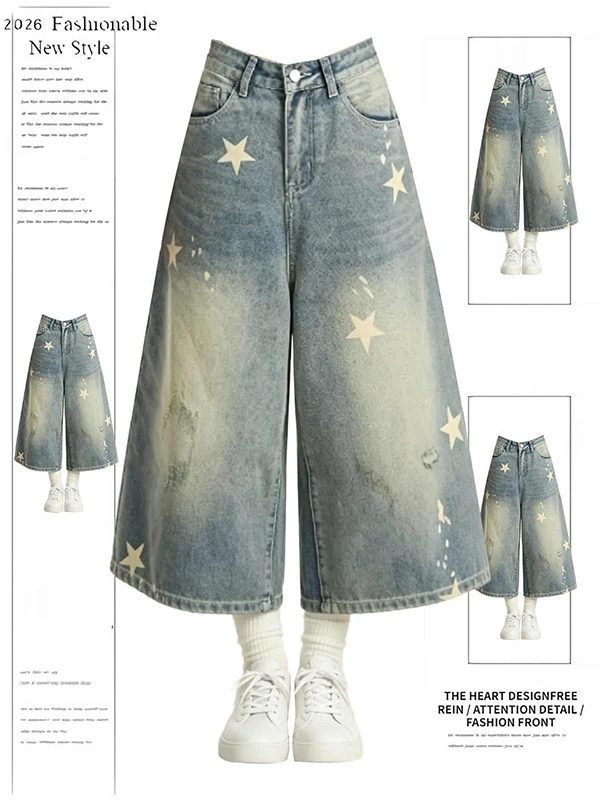 American Style Vintage Star Print Denim Shorts Women Summer Washed Loose Slim Wide Leg Casual Shorts High Waist Cotton Blend