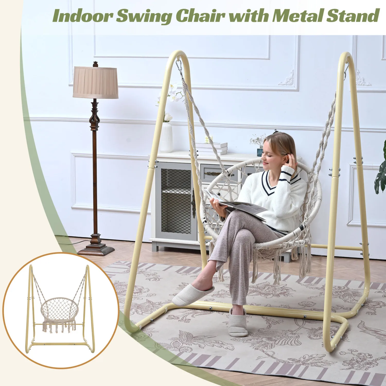 

Handmade Macrame Swing Hammock Chair with Stand - Premium Outdoor Patio Furniture