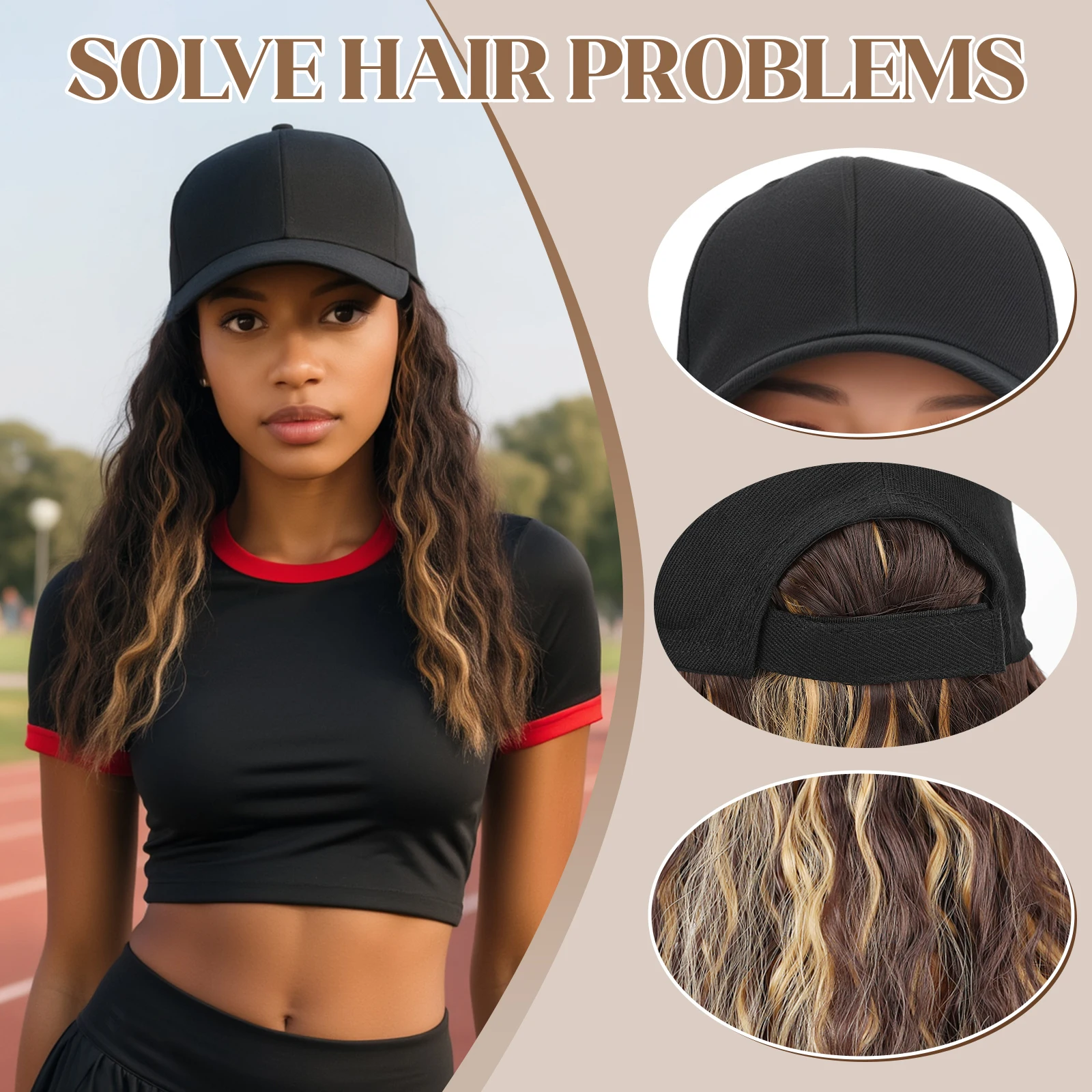 Boné de beisebol peruca de cabelo sintético ondulado de 18 polegadas com penteado moderno para mulheres festa ao ar livre uso diário