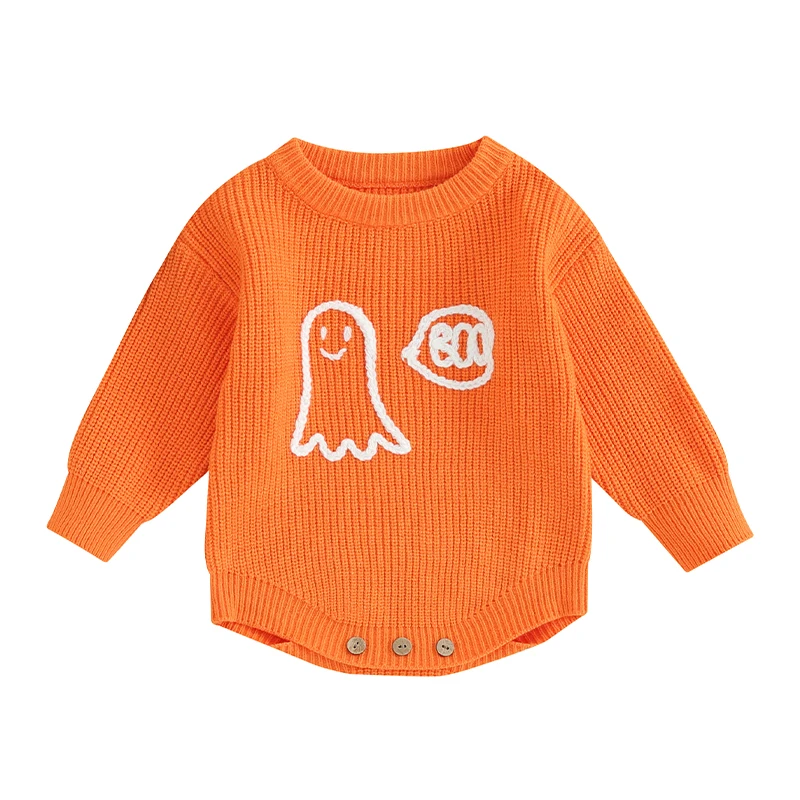 

Infant Baby Fall Knitting Jumpsuit Halloween Ghost Jacquard Round Neck Long Sleeve Romper for Boys Girls