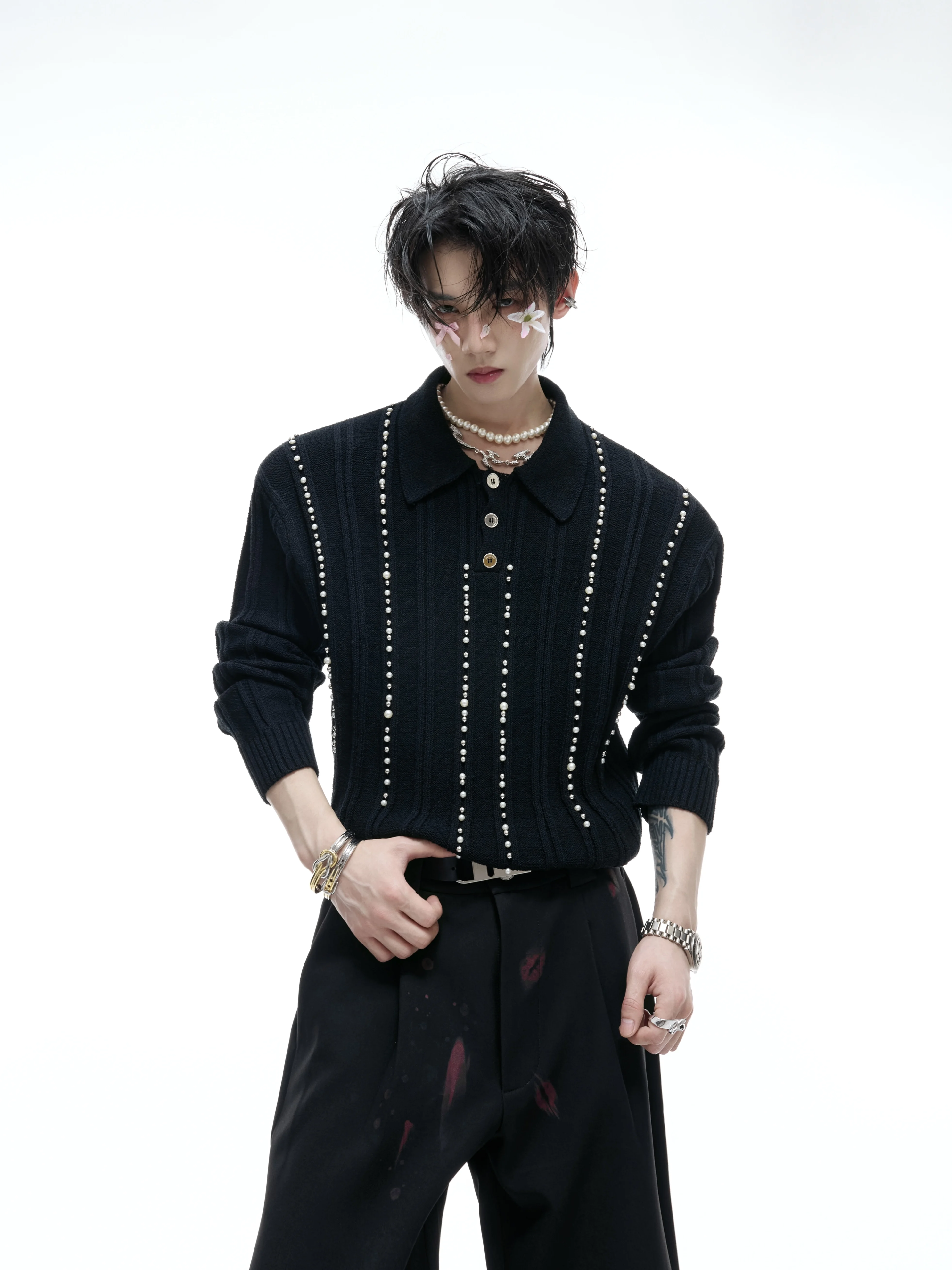 Men's 2025 Autumn New Trendy Elegant Pearl Decorated Knitted Polo Shirts Vertical Stripes Slim Fit Long Sleeve Chic Knitted Tops