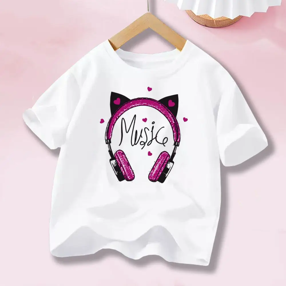 Lustiges Cartoon-Katzen-Kopfhörer-T-Shirt, bedruckt, Mädchen-Sommer-Baumwoll-Freizeit-Oberteil mit kurzen Ärmeln, Kinder-Musik-Liebeskleidung
