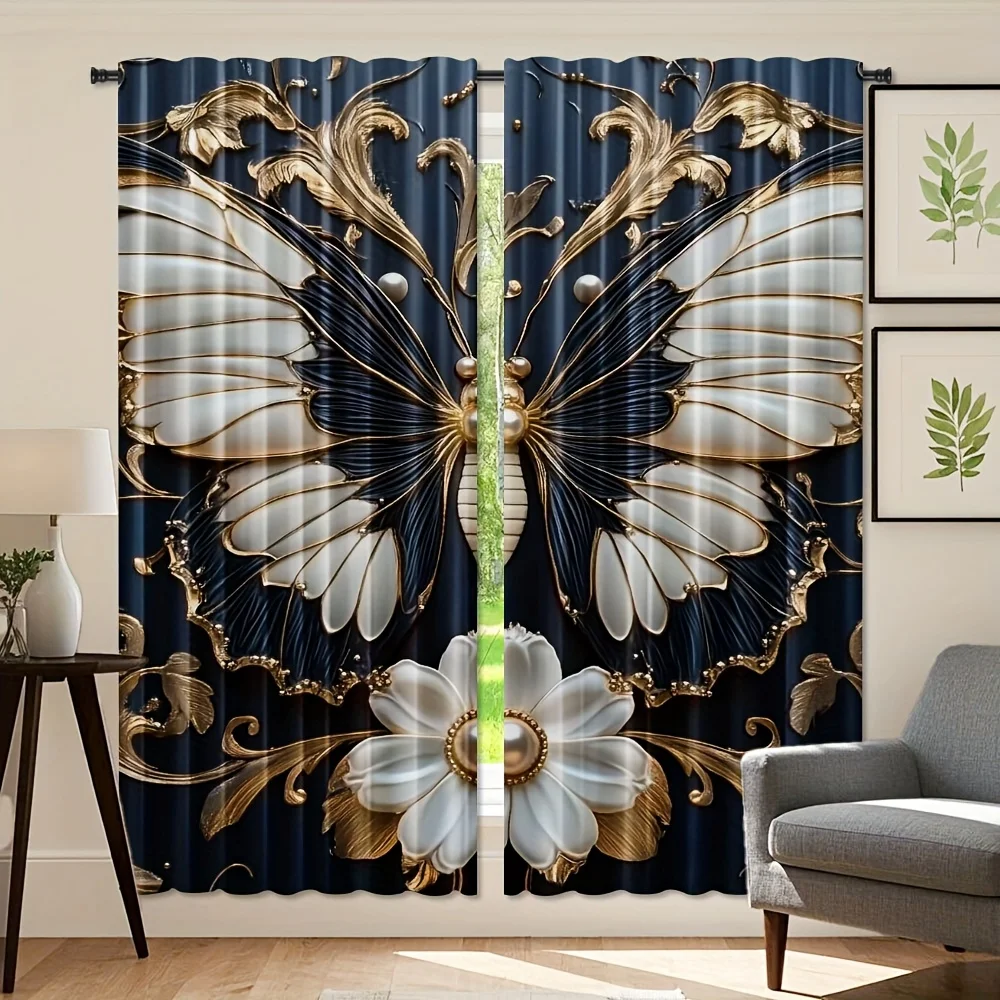 2pcs Black and White Curtain Panels - Elegant Floral & Butterfly window Drapes with Golden Accent Relief Design, Semi-Sheer Ligh