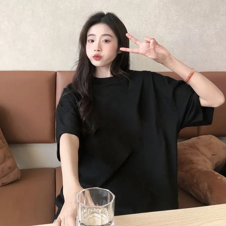 Pure Cotton Round Neck T-shirt for Women Loose Short Sleeved Base Shirt with Inner Ins White Top Clothes Summer Wear New