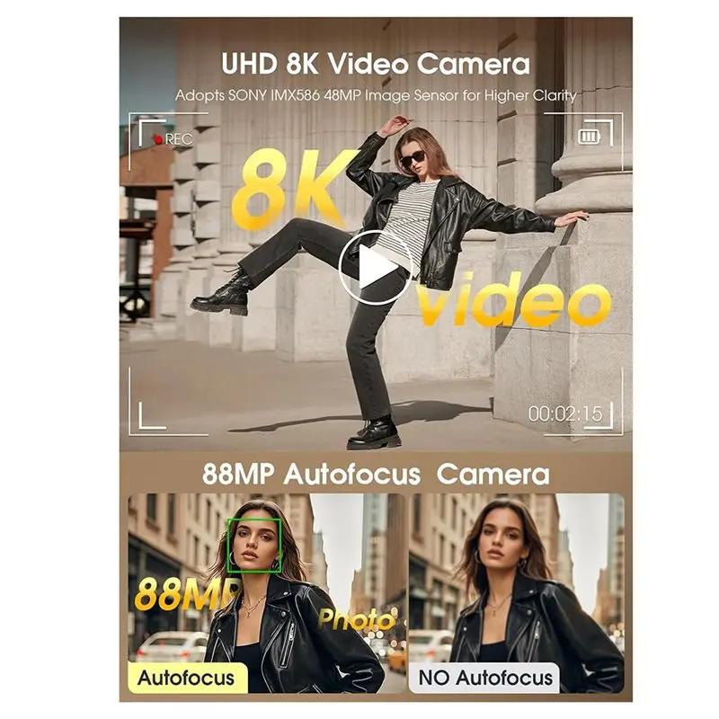 كاميرا رقمية بدقة 88 ميجابكسل 8K، كاميرات تصوير ضبط تلقائي للصورة مع واي فاي وشاشة تعمل باللمس، جهاز تسجيل مدونة فيديو بتكبير 16X