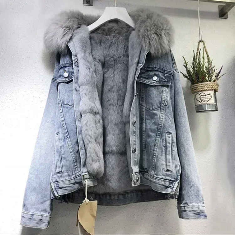 

Women Denim Cost Single Breasted Button Jackets Fleece Patchwork Cardigan Pockets Outerwear Casual Warm Solid Loose Fit