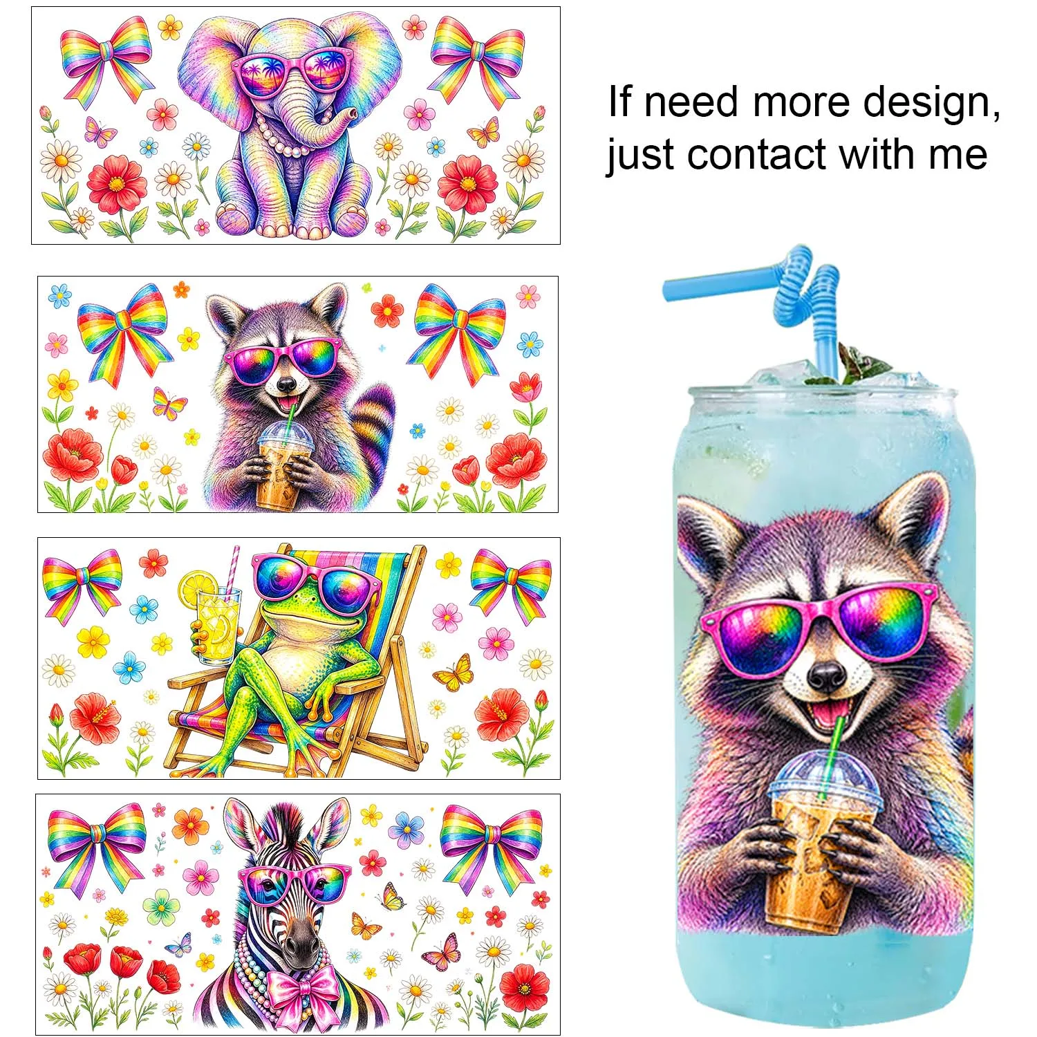Cute Rainbow Animals Rub On 16oz Uvdtf Sticker waterproof DIY Decals 3D transfers uvdtf tumbler stickers 16oz uv dtf cup wraps
