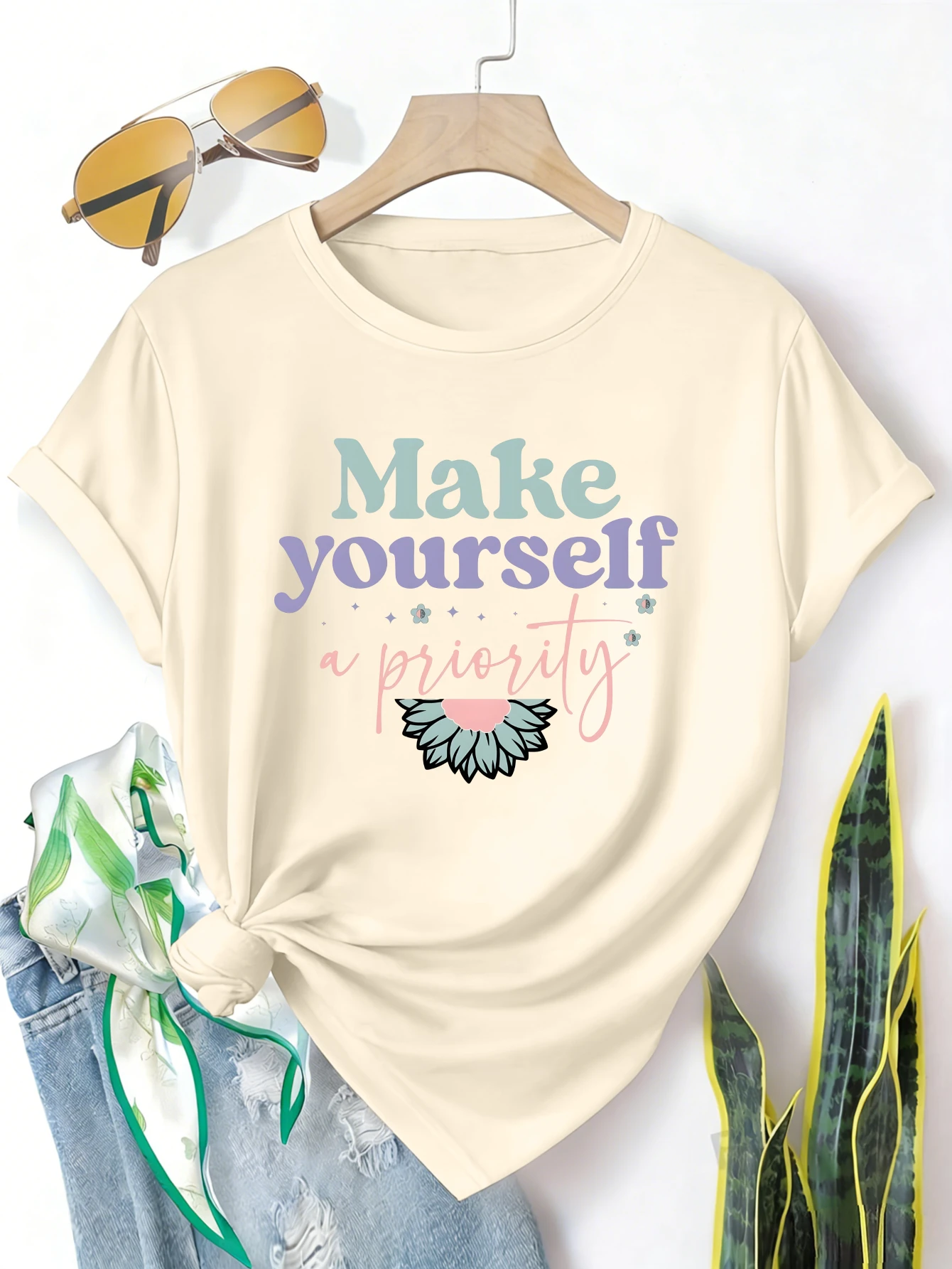 

Plus size women's short sleeve T-shirt Make Yourself A Priority comfortable soft fabric summer outfits women's clothing