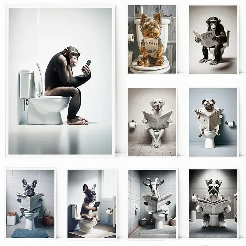 Lustige Tiere, Affe, Hund, Huhn, Kuh, Schaf, Siegel, Badezimmer, minimalistischer Wandkunstdruck, Leinwandgemälde, Poster für moderne Heimdekoration