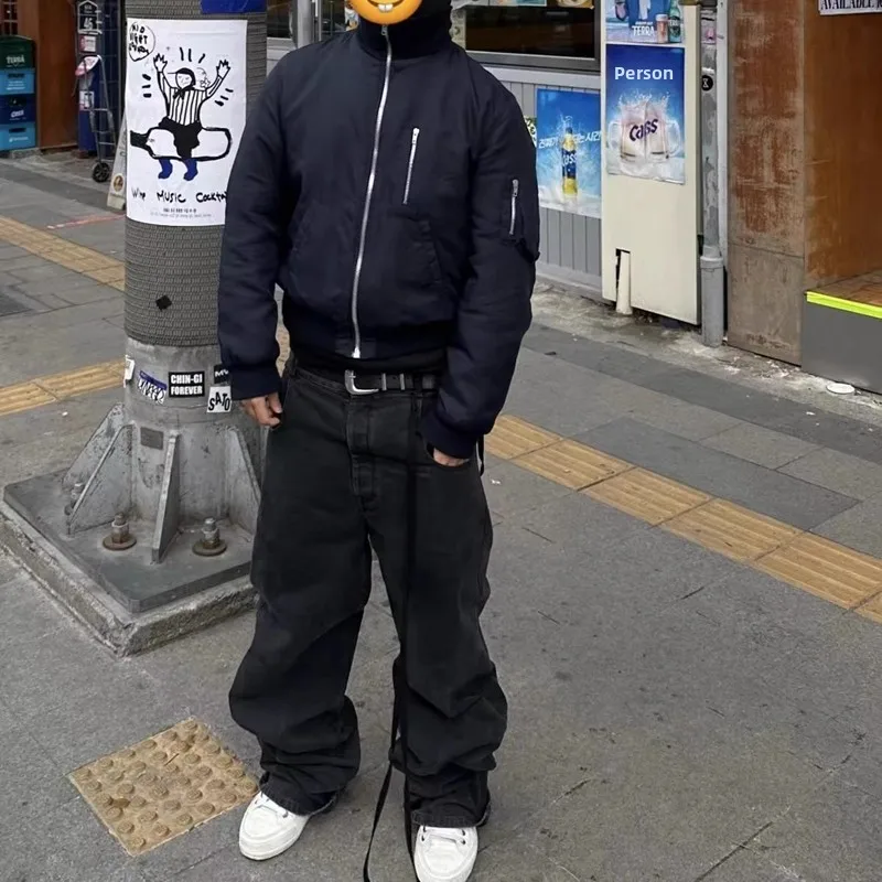 

Мужские винтажные джинсы Wookbaggy свободного кроя с прямыми штанинами, повседневные длинные брюки с поясом, широкие брюки 3D-крой для подростков