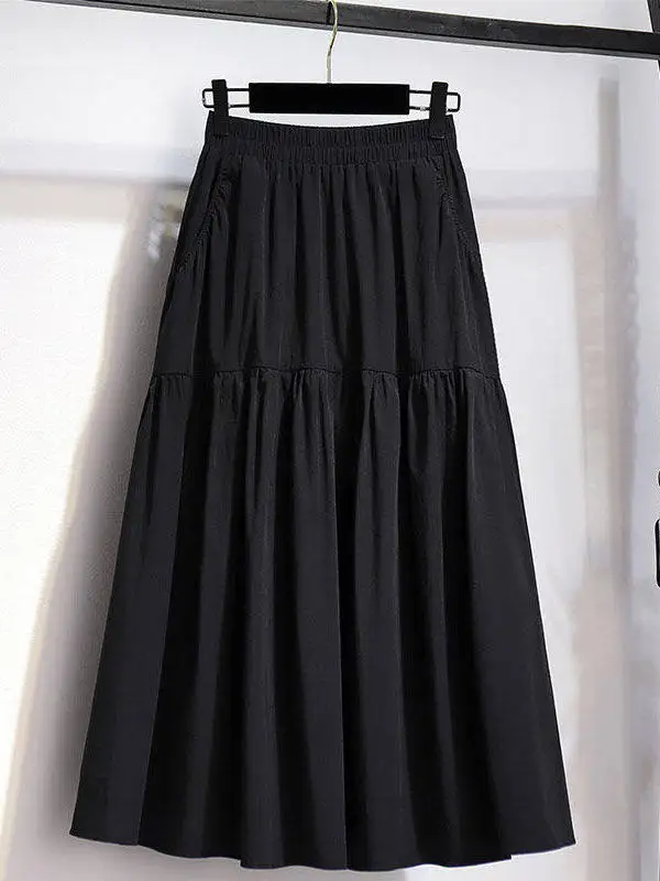 High Waist A-Line Midi Skirt Black Elegant Umbrella Skirt Women's Fashion Spring Summer Long Version Polyester Fiber