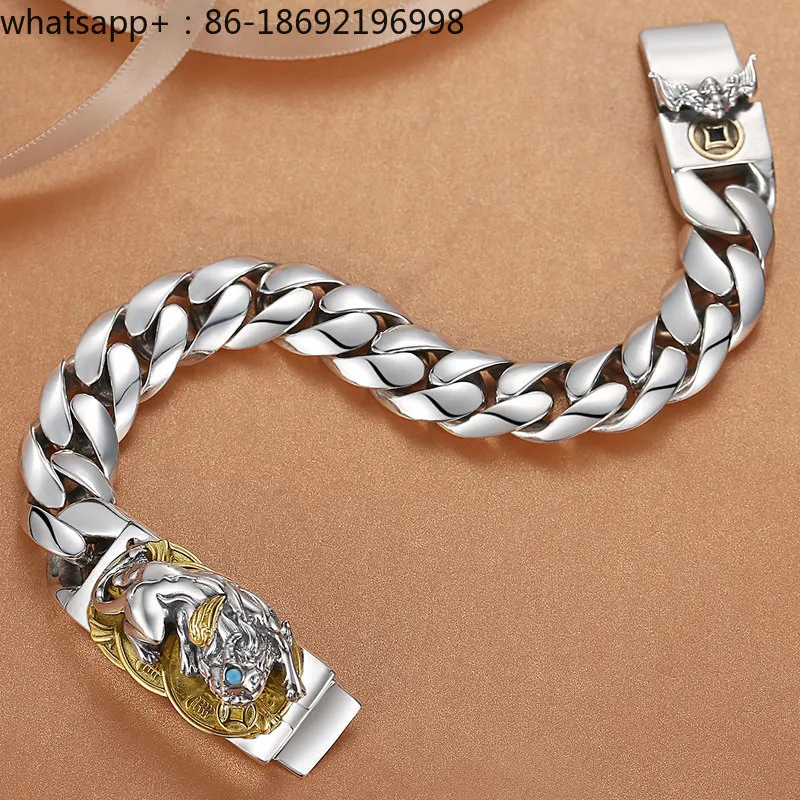 Pixiu Silver Bracelet Men's Sterling Silver Solid Retro Wide Edition