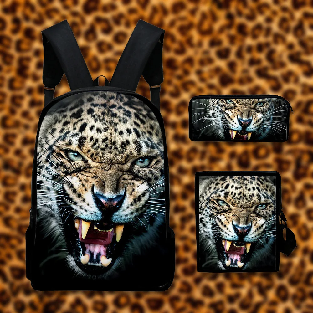 Cartoon Novelty Cool Animals Leopard 3pcs/Set Backpack 3D Print School Student Bookbag Laptop Daypack Shoulder Bag Pencil Case