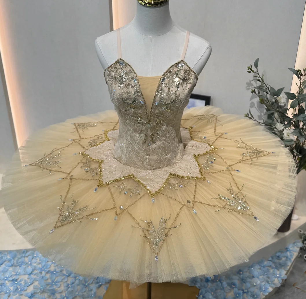 Professional Champagne Gold Classical Ballet Tutu Dress Paquita Raymonda Variation Hand Beaded Rhinestone Stage Performance Cost