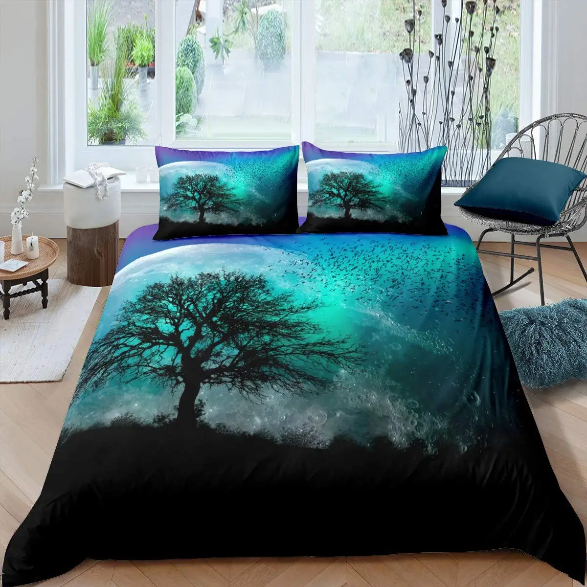 

Starry Sky Aurora Duvet Cover Set Moon Tree Birds Natural Scenery Bedding Sets Northern Lights Comforter Cover Queen Size 2/3pcs