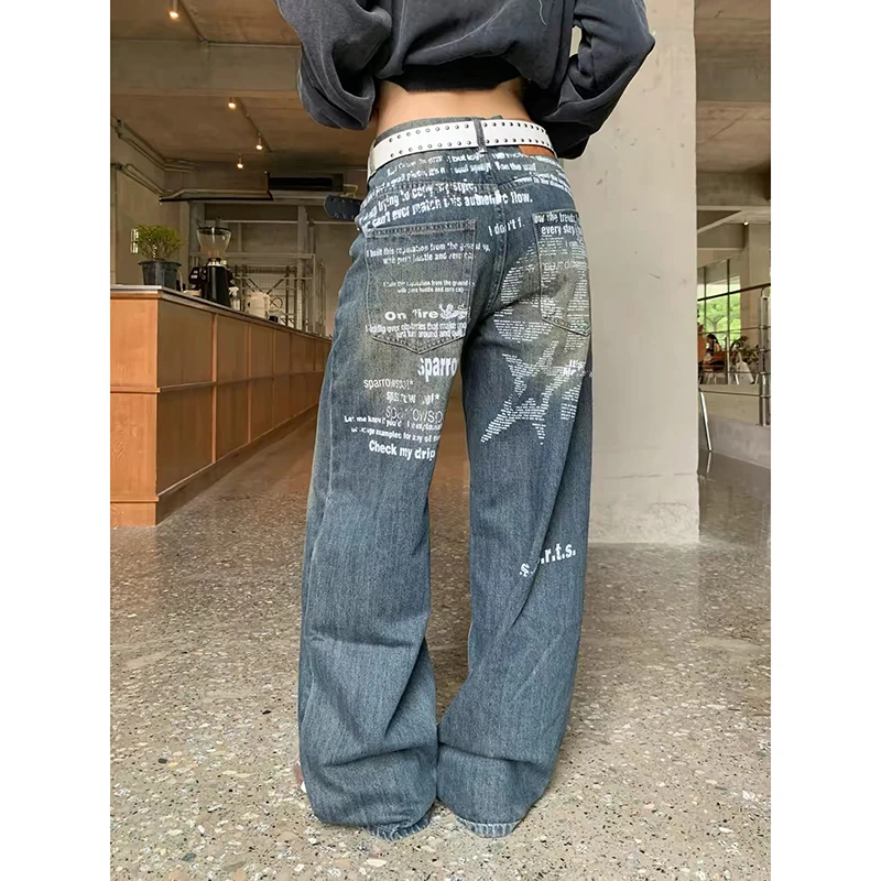 ZHIZOU ZHIZOU Women Blue Y2k Letter Jeans Vintage 2000s Baggy Denim Trousers American Style Washed Jeans Pants Wide Leg Denim Pants - Aliexpress Deal