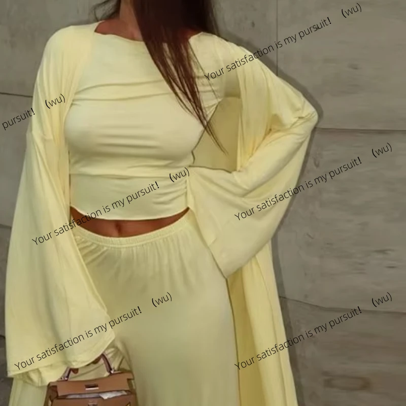 

Women's casual long cardigan, long-sleeved top, high-waisted pants, fashion suit.