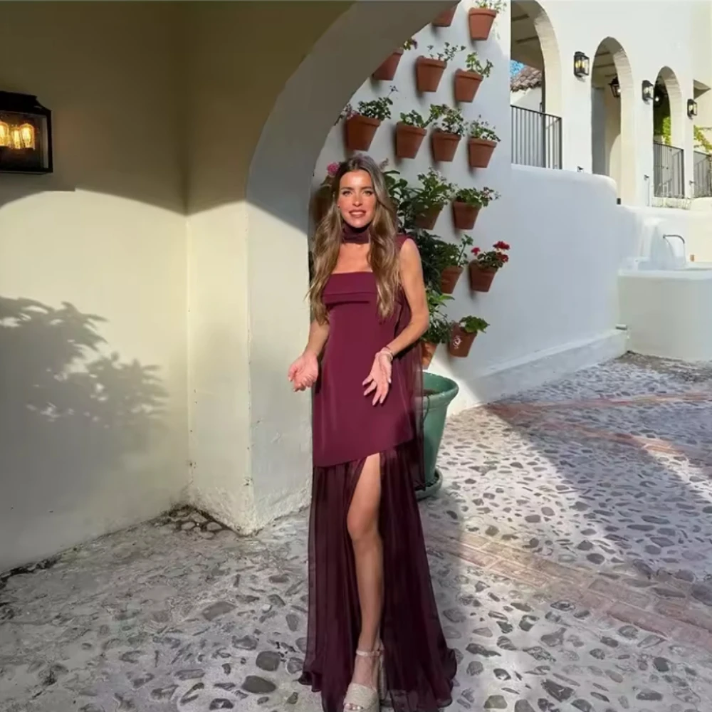 Vestido Largo Elegante de Malla con Tirantes para Mujer 2026, Sexy sin Mangas con Abertura y Pañuelo, Estilo Boho Chic para Fiesta y Noche