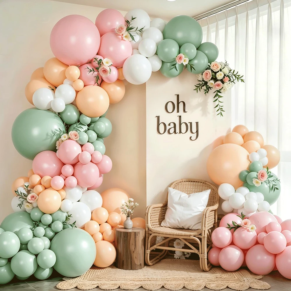 150pcs Sage Green Pink Balloons Garland Kit Green Pink Sand White Metallic Gold Balloons for Birthday Party Wedding Decorations