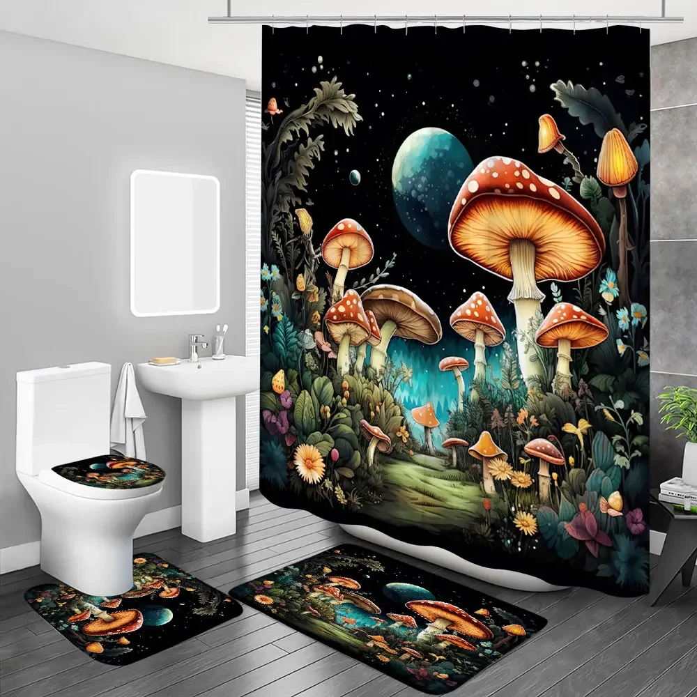 Mushroom Butterfly Flower Shower Curtain Moon Stars Bathroom Curtain Set with Hooks Fabric Washable Bath Curtains Bathroom Decor